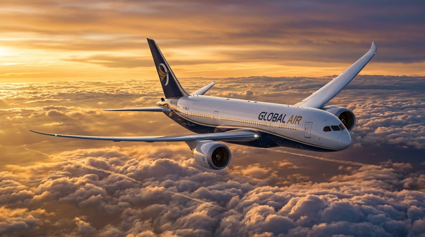 Modern aircraft soaring above clouds during golden sunset
