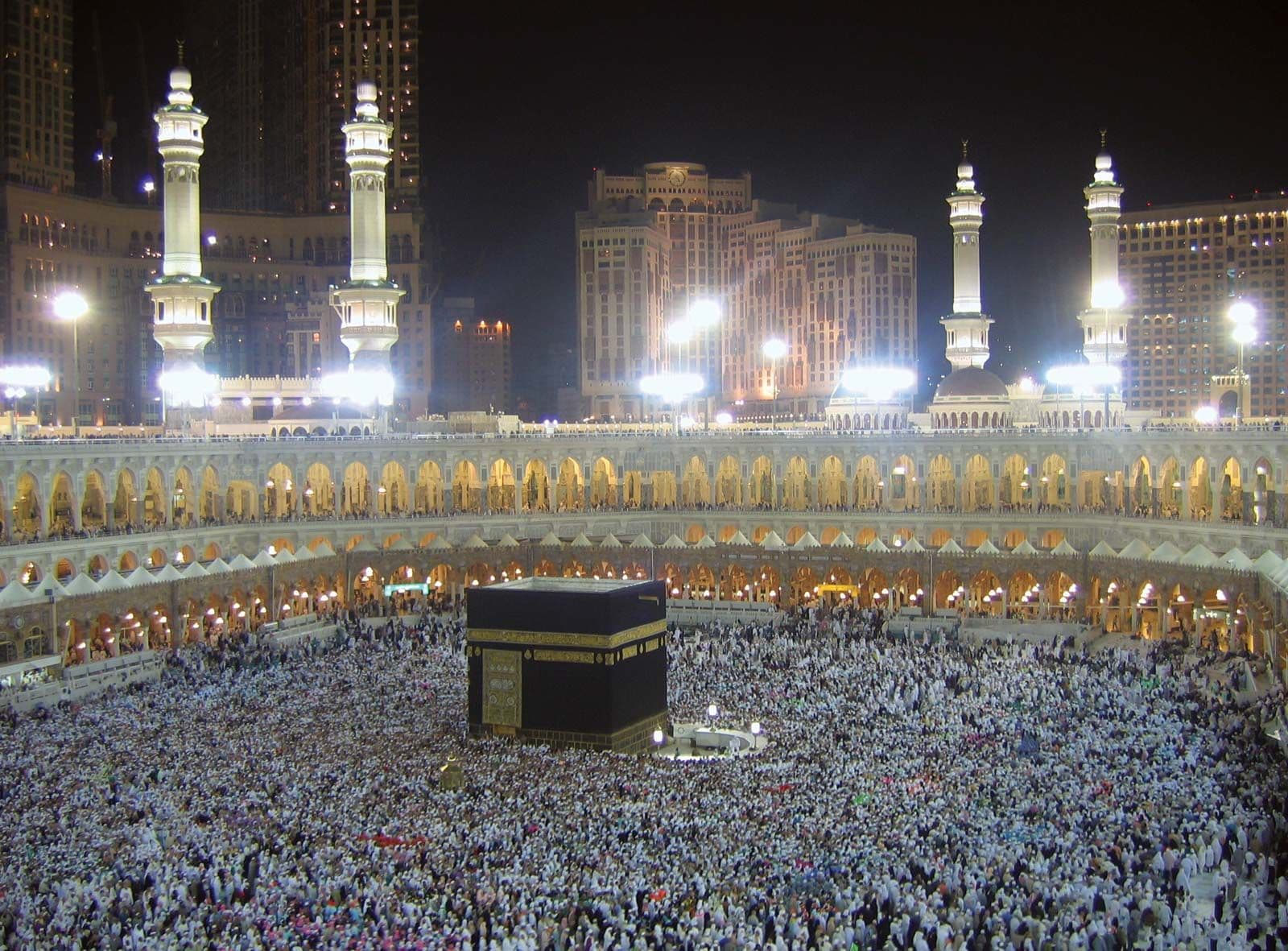 Pilgrims performing Tawaf around the Holy Kaaba in Makkah during sunset
